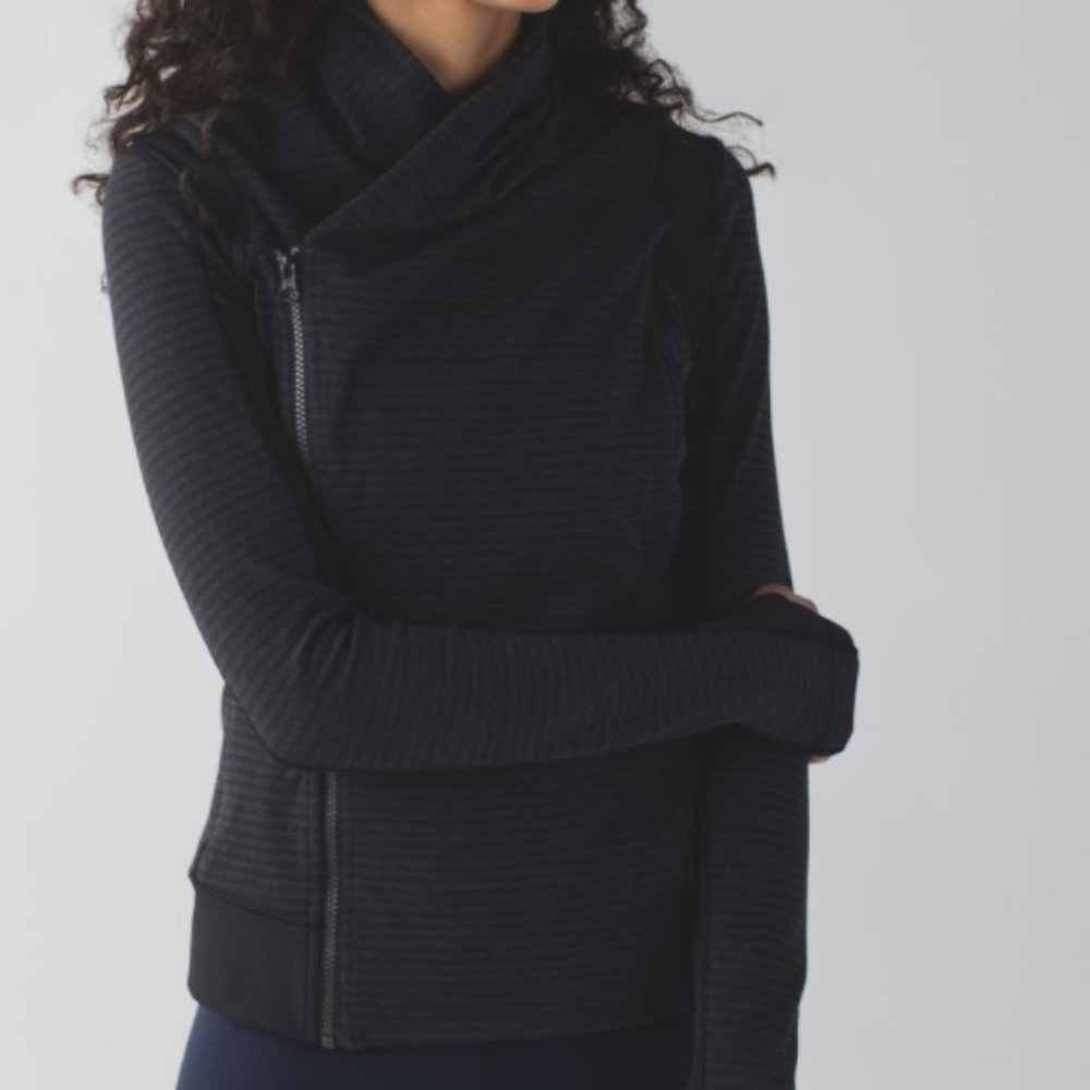 Lululemon Bhakti Yoga Jacket Wrap Womens 4 Stripe Black Dark Slate Gray Zip Up